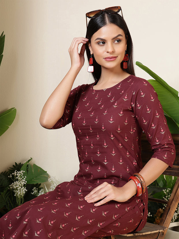 Women Wine Three-Quarter Sleeves Printed Kurta-Palazzo with pockets and Face Mask