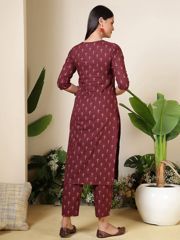 Women Wine Three-Quarter Sleeves Printed Kurta-Palazzo with pockets and Face Mask
