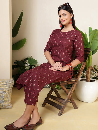 Women Wine Three-Quarter Sleeves Printed Kurta-Palazzo with pockets and Face Mask