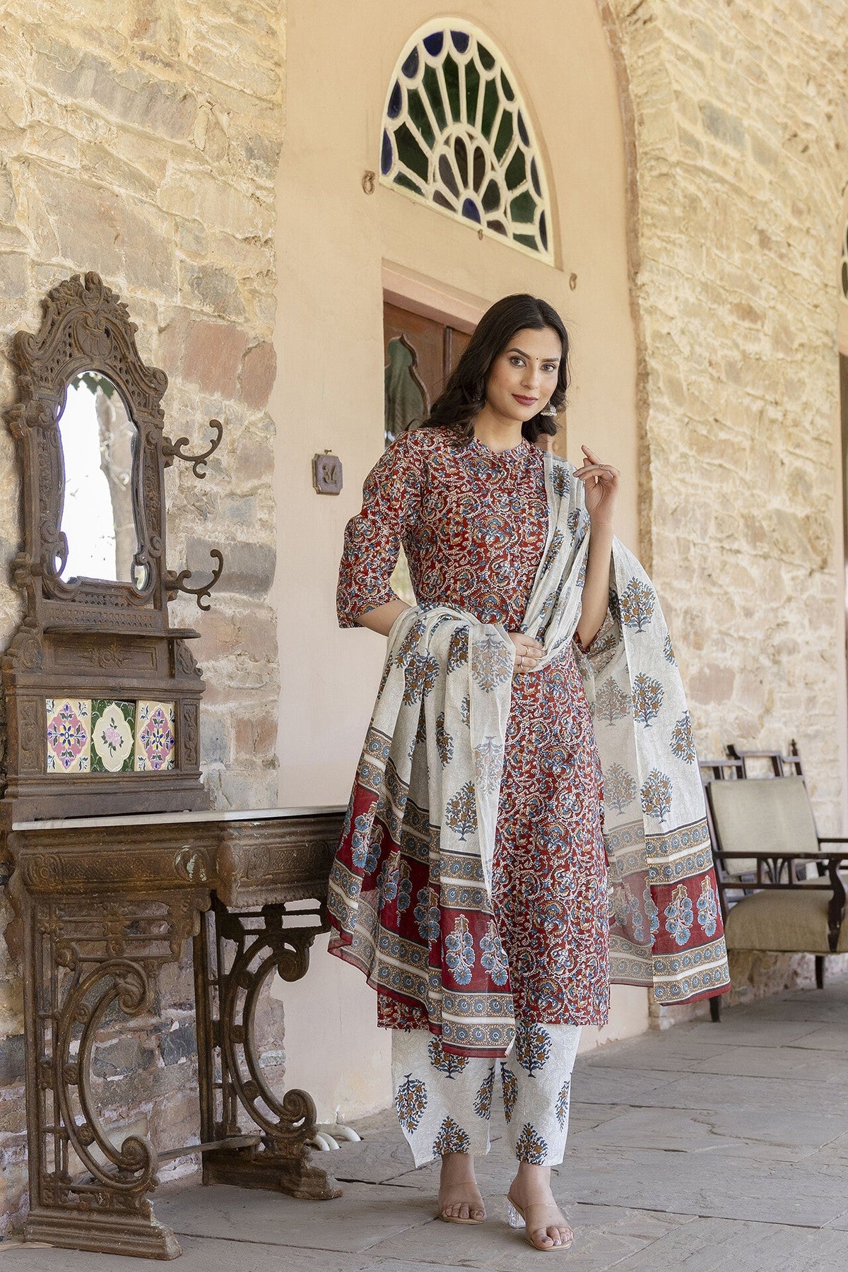 Women Maroon Cream Printed Straight Kurta Plazzo with Printed Dupatt Nayo Clothing