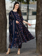 Women Navy Blue & Pink Floral Printed Flared kurta And Trouser With Dupatta