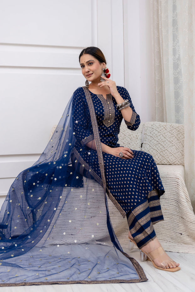 Navy Blue Gold Printed Straight Kurta Set With Net Dupatta for Women