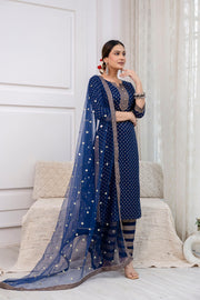 Navy Blue Gold Printed Straight Kurta Set With Net Dupatta for Women