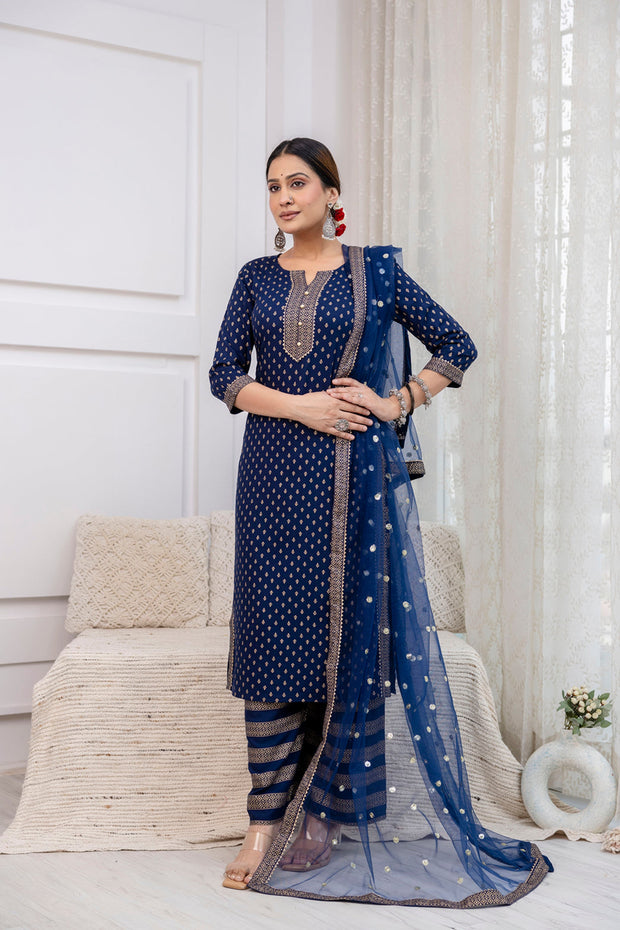 Navy Blue Gold Printed Straight Kurta Set With Net Dupatta for Women