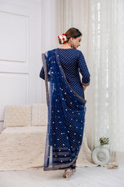 Navy Blue Gold Printed Straight Kurta Set With Net Dupatta for Women