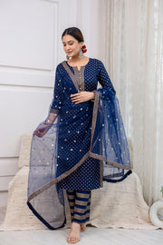 Navy Blue Gold Printed Straight Kurta Set With Net Dupatta for Women