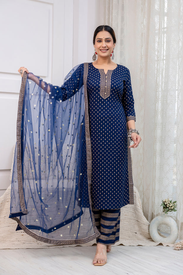 Navy Blue Gold Printed Straight Kurta Set With Net Dupatta for Women