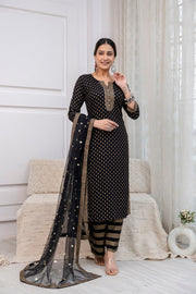 Black Gold Printed Straight Kurta Set With Net Dupatta for Women