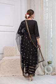 Black Gold Printed Straight Kurta Set With Net Dupatta for Women