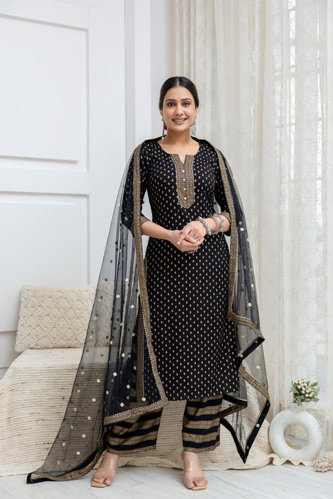 Black Gold Printed Straight Kurta Set With Net Dupatta for Women