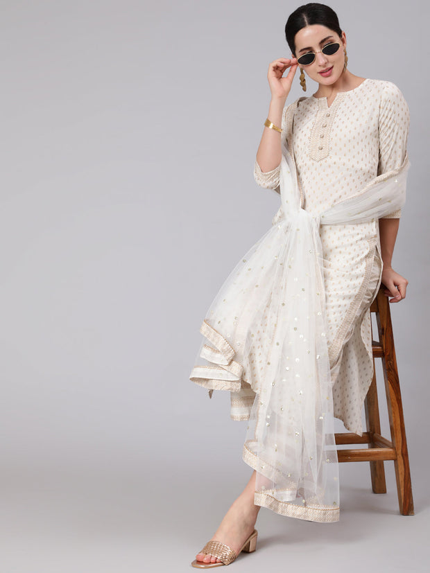 White Gold Printed Straight Kurta Set With Net Dupatta for Women