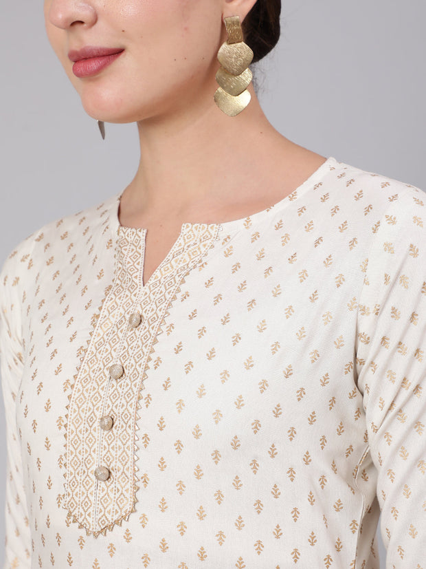 White Gold Printed Straight Kurta Set With Net Dupatta for Women