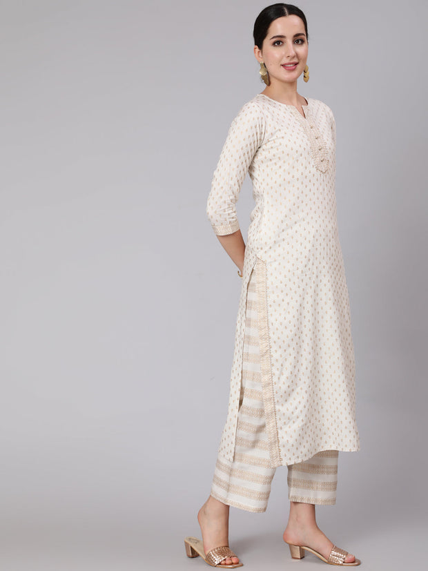 White Gold Printed Straight Kurta Set With Net Dupatta for Women