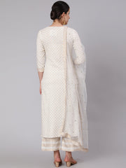 White Gold Printed Straight Kurta Set With Net Dupatta for Women