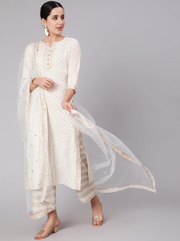 White Gold Printed Straight Kurta Set With Net Dupatta for Women