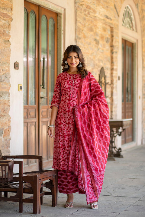 Women Red Bandhani Printed Straight Kurta With Palzzo And Dupatta