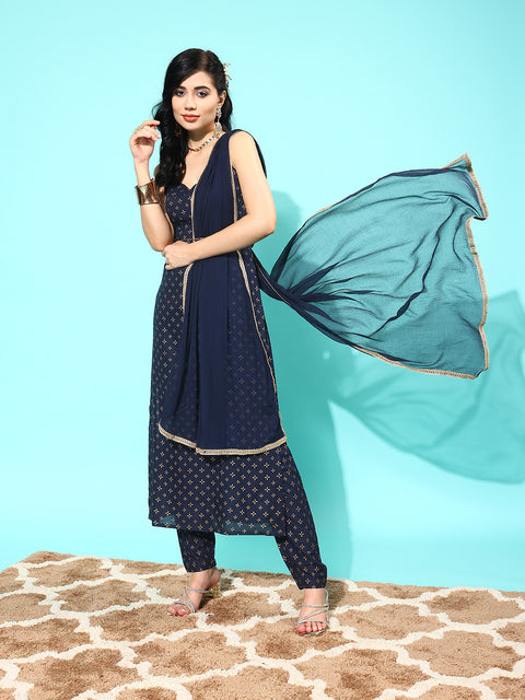 Women Navy Blue Ethnic Printed Sleeveless Kurta With Trouser And Dupatta