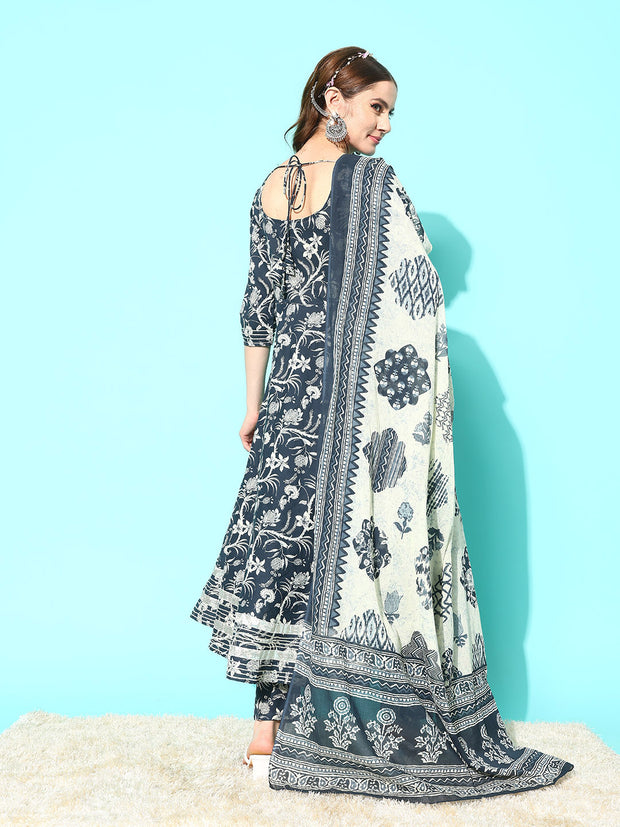 Women Grey Paisely Printed Anarkali Kurta With Trouser And Dupatta