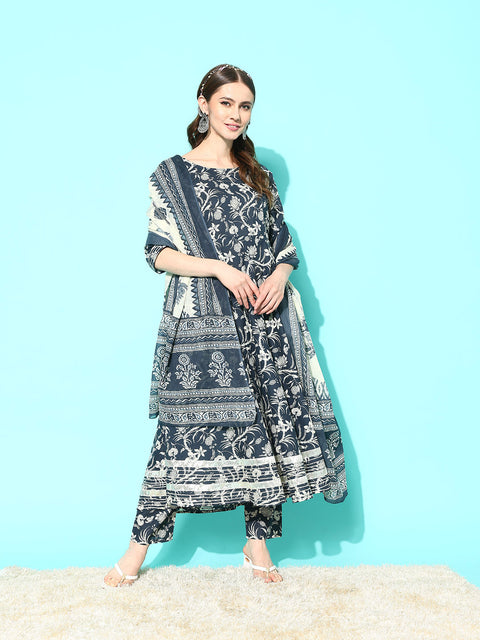 Women Grey Paisely Printed Anarkali Kurta With Trouser And Dupatta