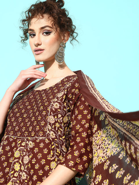 Women Brown Ethnic Printed Anarkali Kurta With Trouser And Dupatta