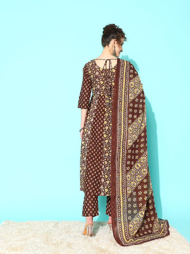 Women Brown Ethnic Printed Anarkali Kurta With Trouser And Dupatta