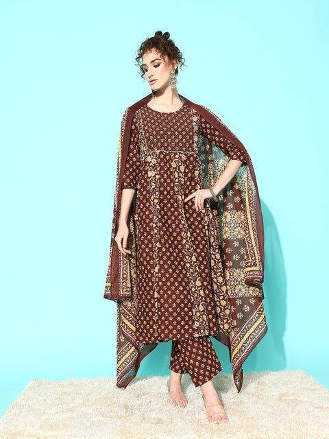 Women Brown Ethnic Printed Anarkali Kurta With Trouser And Dupatta