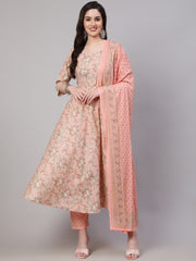 Women Pink Ethnic Printed Kurta With Palazzo And Dupatta