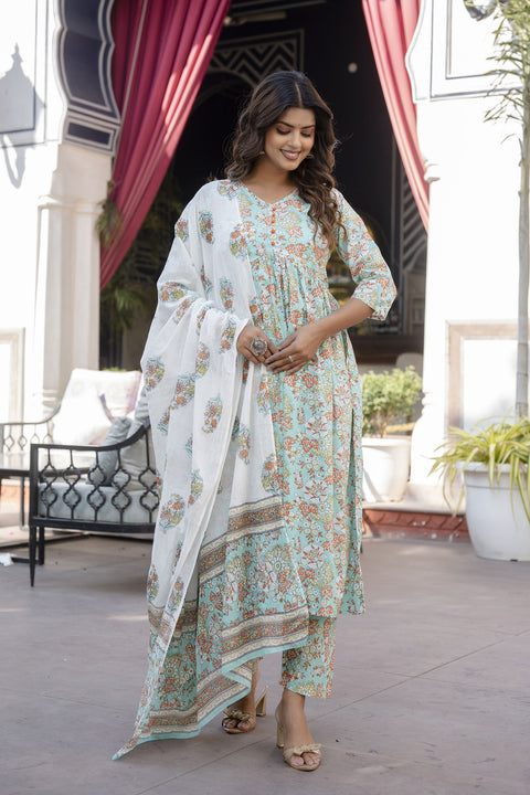 Women Green Printed Gathered Kurta And Trouser With Dupatta