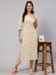 Women Cream Ethnic Printed Straight Kurta with Three Quarter Sleeves