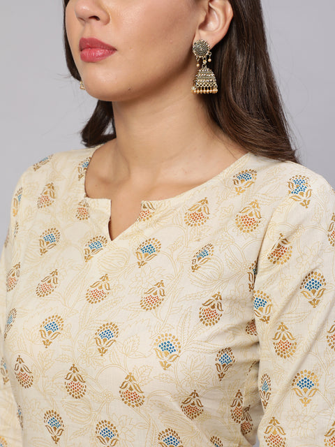 Women Cream Ethnic Printed Straight Kurta with Three Quarter Sleeves