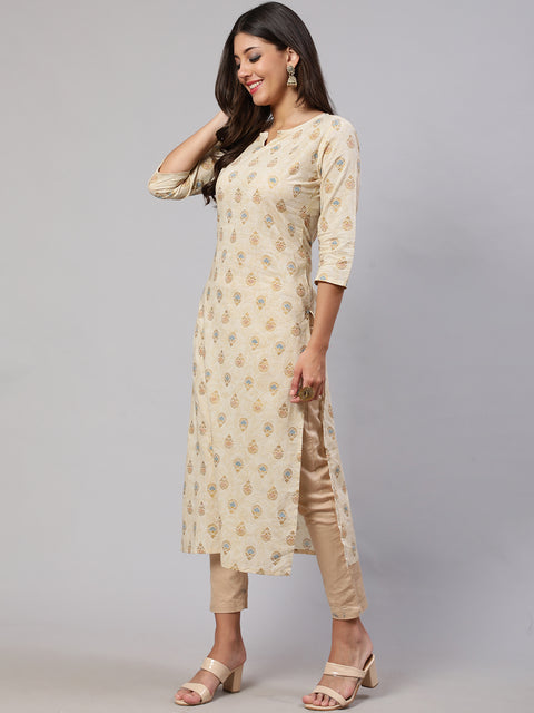 Women Cream Ethnic Printed Straight Kurta with Three Quarter Sleeves