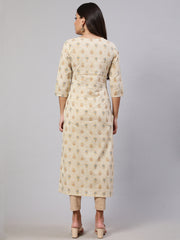 Women Cream Ethnic Printed Straight Kurta with Three Quarter Sleeves