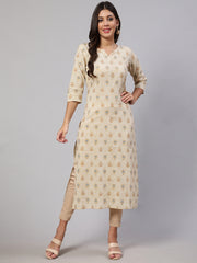 Women Cream Ethnic Printed Straight Kurta with Three Quarter Sleeves