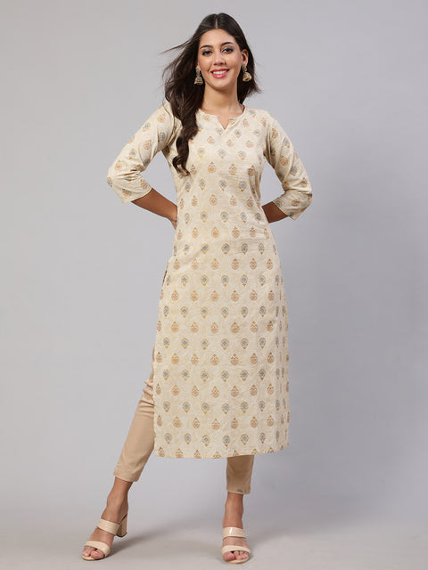 Women Cream Ethnic Printed Straight Kurta with Three Quarter Sleeves