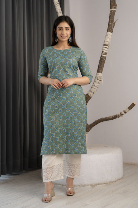 Women Green Ethnic Printed Straight Kurta With Three Quarter Sleeves