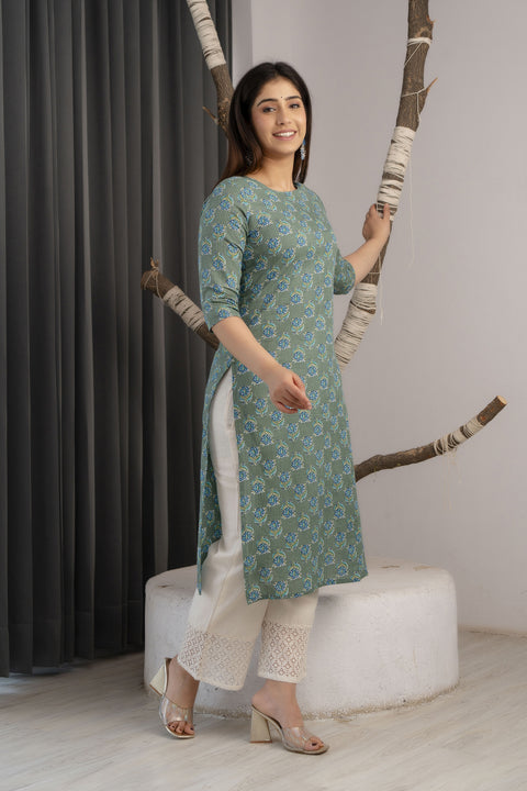 Women Green Ethnic Printed Straight Kurta With Three Quarter Sleeves