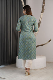 Women Green Ethnic Printed Straight Kurta With Three Quarter Sleeves