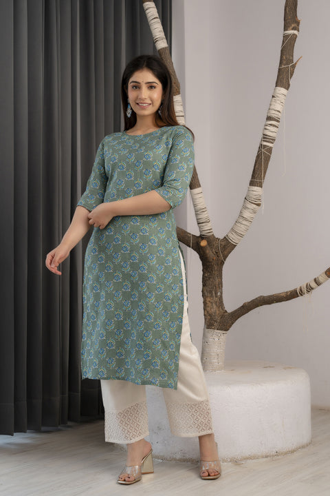 Women Green Ethnic Printed Straight Kurta With Three Quarter Sleeves