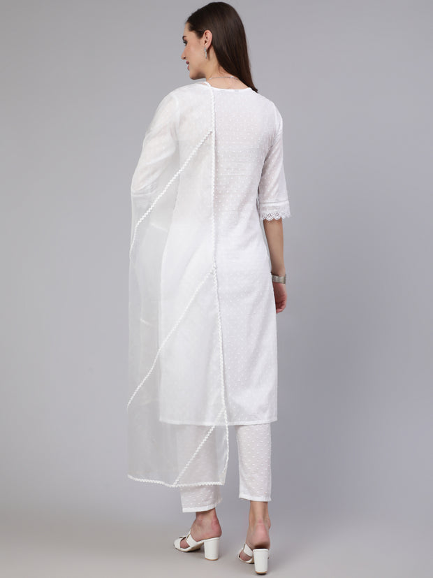 Women White Lace details Straight Kurta With Trouser And Net Dupatta