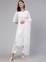 Women White Lace details Straight Kurta With Trouser And Net Dupatta