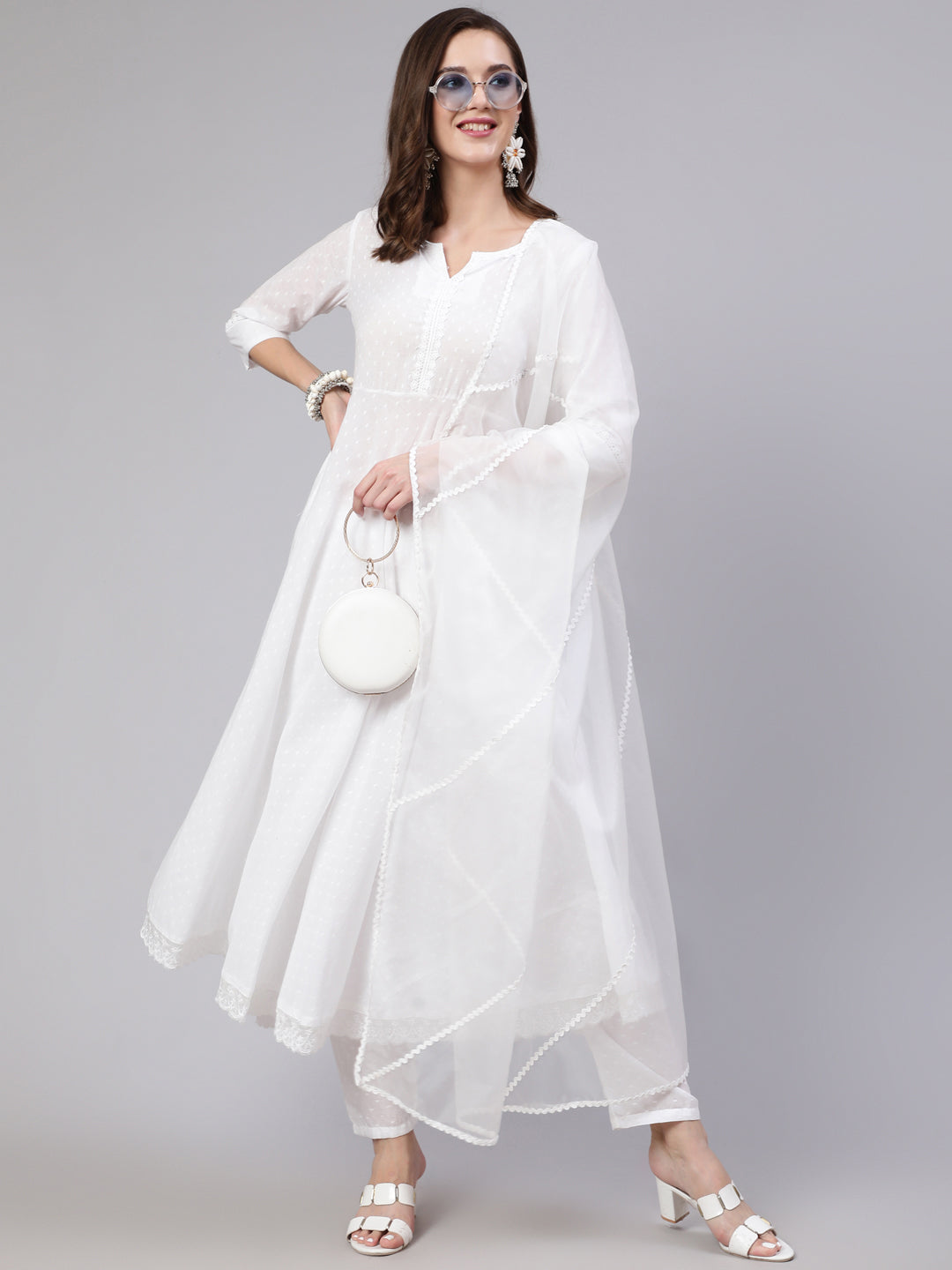 Buy White Cotton Flared Kurta Cropped Palazzo Suit Set (Kurta, Cropped  Palazzo, Dupatta) for INR2497.50