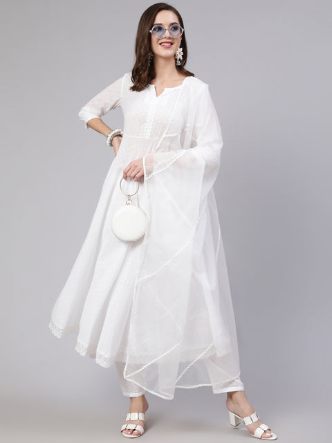 Women White Lace details Flared Kurta With Trouser And Dupatta