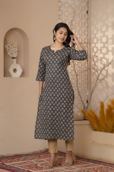 Women Black Printed straight Kurta With three qurter sleeves