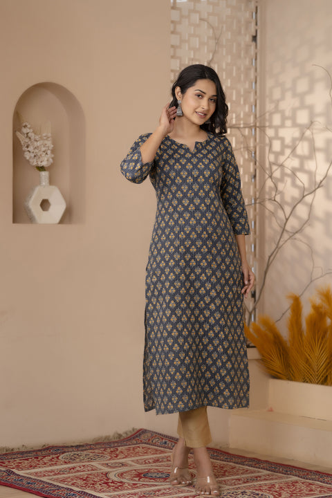 Women Black Printed straight Kurta With three qurter sleeves