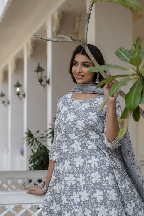 Women Grey Ethnic Printed Anarkali Kurta With Trouser And Dupatta