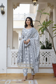 Women Grey Ethnic Printed Anarkali Kurta With Trouser And Dupatta