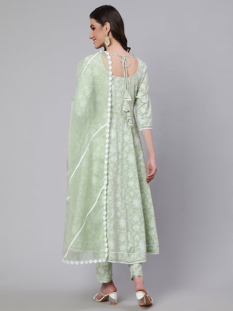 Women Green Floral Printed Anarkali Kurta With Trouser And Dupatta