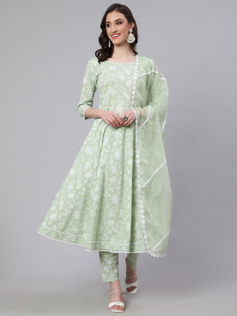 Women Green Floral Printed Anarkali Kurta With Trouser And Dupatta