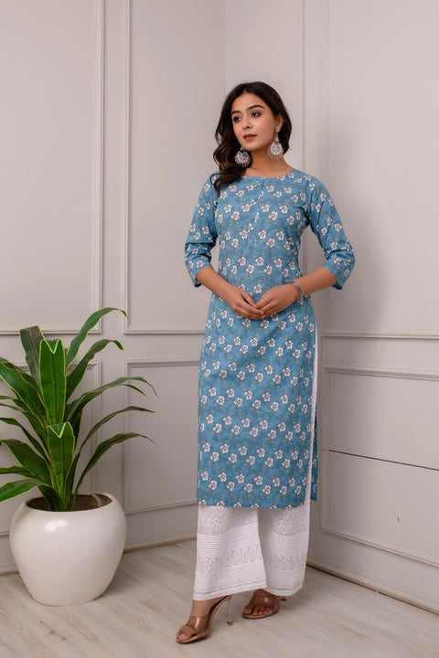 Women Blue Ethnic Printed Straight Kurta with Three Quarter Sleeves