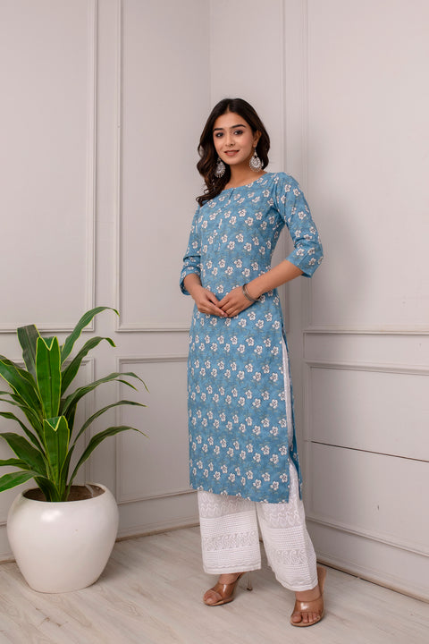 Women Blue Ethnic Printed Straight Kurta with Three Quarter Sleeves